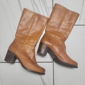 Tan leather preppy classic academia Frye mid calf heeled boots  11
